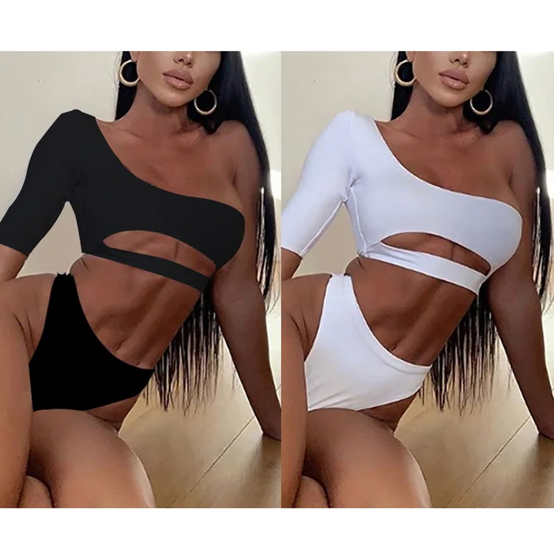 

2021 Summer Ladies Casual Fashion Beach Street Sexy Half Sleeve One-Shoulder Swimsuit Bikini Women Two-Piece Set