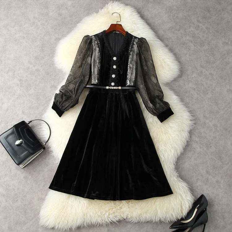 

Женское осеннее платье в европейском и американском стиле, новое бархатное платье в стиле пэчворк с длинным рукавом и V-образным вырезом, 2021