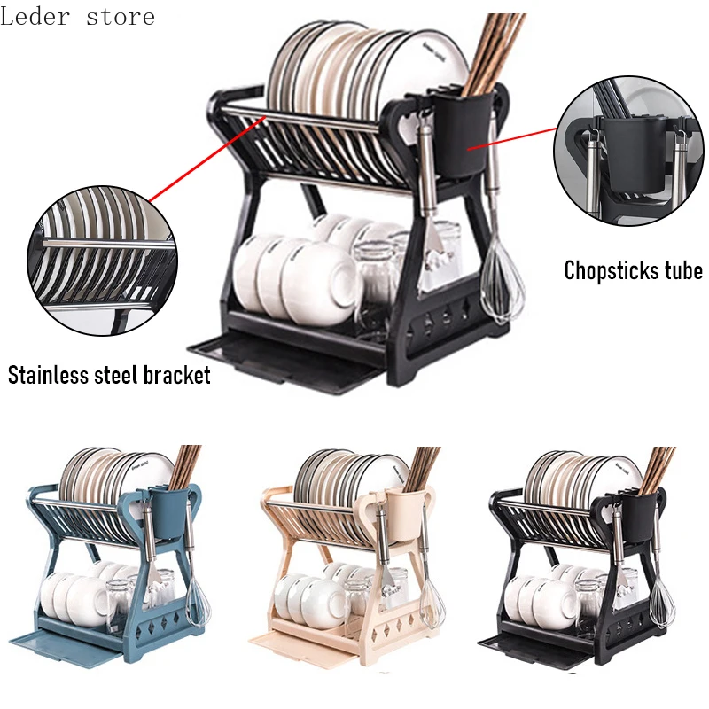 

2 Layers Drying Rack Household Kitchen Draining Storage Rack with Chopstick Cage Dish Filter Rack Tableware Organizer Tray Rack