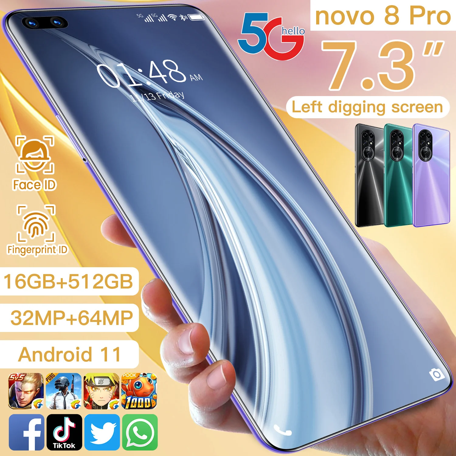 

Newest Android11 Nowa8 Pro 16GB 512GB Global Version HD Screen 5G 6800mAh 7.3'' 10 Core Cellphone Mobile Phone Smartphone