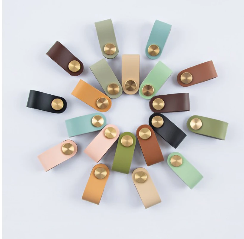 Nordic Simple Furniture Leather Pull Handle Drawer Knob Brass Wardrobe Cupboard Cabinet Handle Door Pulls Decorative Hardware