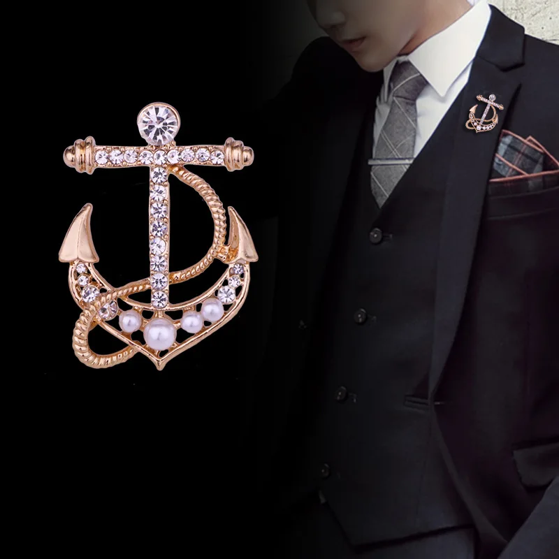 

Korean Fashion Pearl Anchor Brooch Pin Rhinestone Crystal Lapel Pins Men's Suit Shirt Collar Badge Luxulry Jewelry Accessories