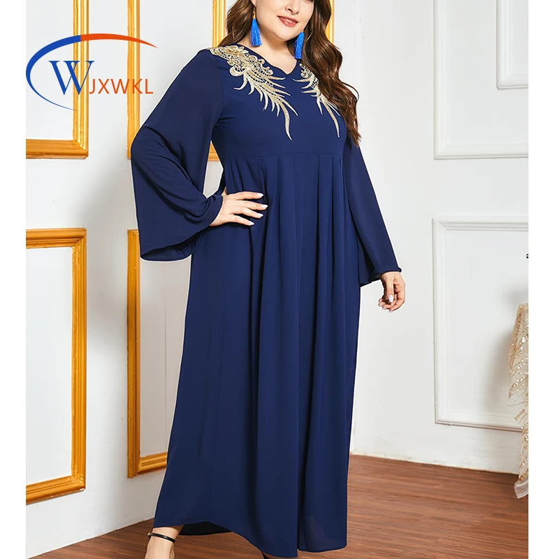 

WJXWKL 2021 Plus Size Women Long Sleeve Fashion Solid Color Embroidery Stitching Waist-Slimming Fashion Muslim Blue Maxi Dress