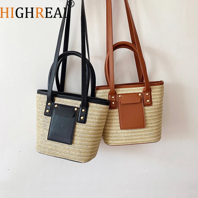 

HIGHREAL Nerw Capacity Straw Bags Women Handmade Woven Basket Bolsa Tote Summer Bohemian Beach Bags Luxury Brand Lady Handbags