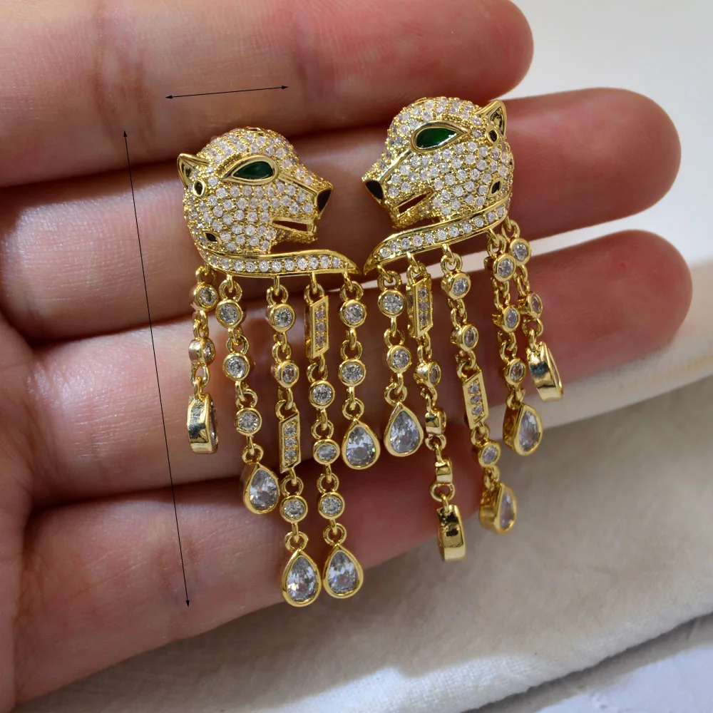 

CINKILE Sparkling Full Cubic Zircon Leopard Head Earrings Elegant Men And Women Funny Animal Tassel Drop Earring Jewelry Gifts