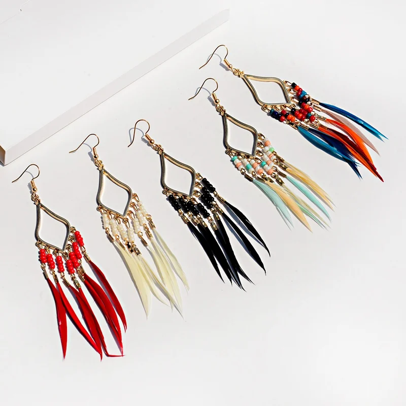 2019 летние богемные Бохо перо Длинные серьги с кисточками для женщин ручной