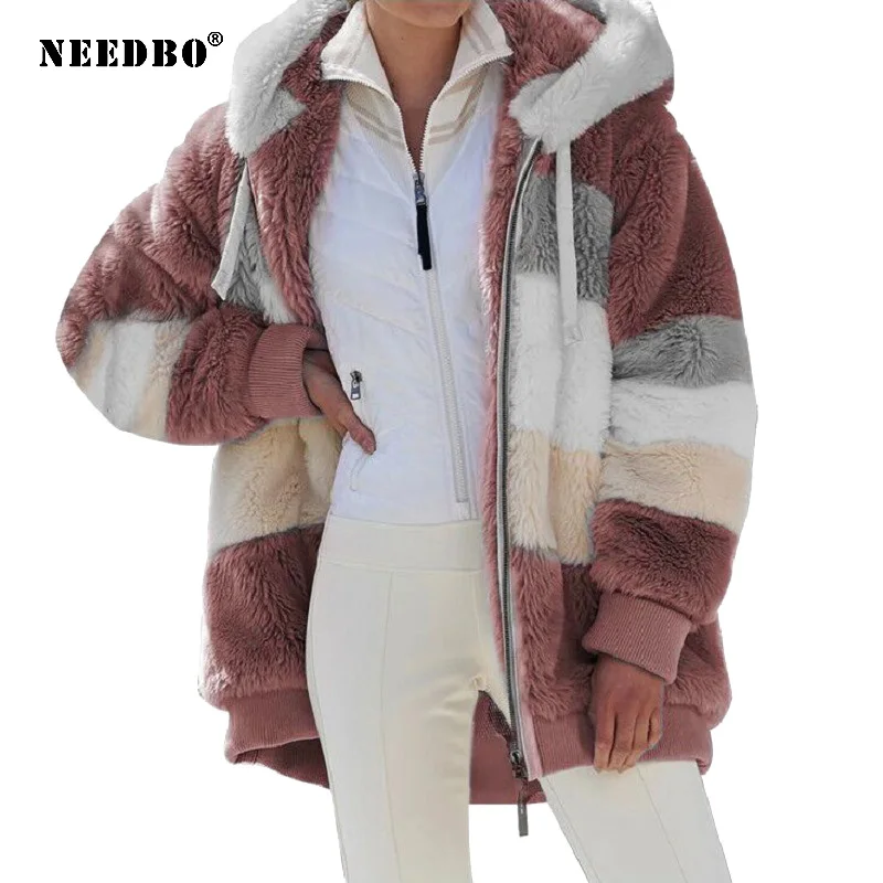 NEEDBO Hooded Jacket Women Fashion Loose Plush Warm Winter Women Coat Casual Multicolor Splicing Zipper Long Sleeve Ladies Coats