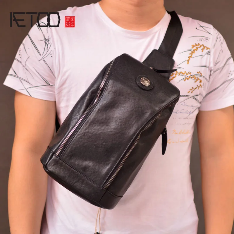 

Мужская модная кожаная нагрудная сумка AETOO, мужская сумка через плечо в стиле ретро, спортивная и повседневная Диагональная Сумка