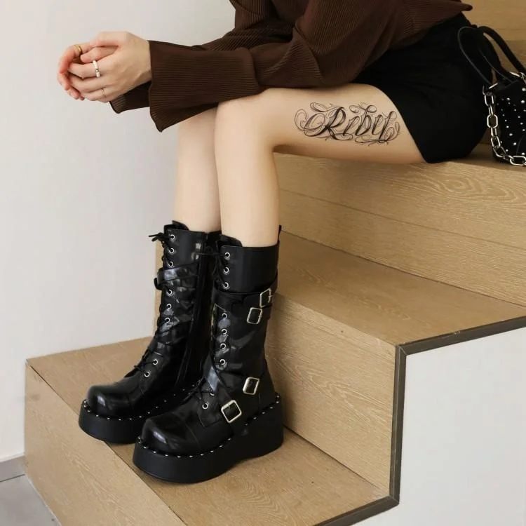 

Женские ботинки в стиле панк, Осень-зима 2021, новые функциональные рыцарские высокие ботинки с круглым носком и подошвой для маффинов, с мета...
