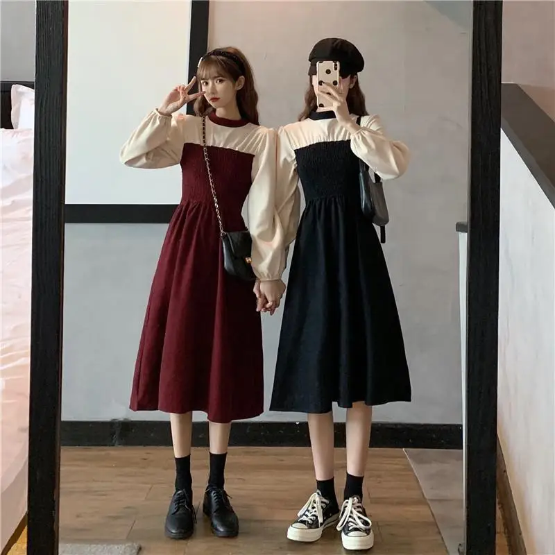 

Female Winter Elegan One Piece Dress Korean 2021 Spring Long Sleeve O-Neck Kawaii Dress Women Preppy Style Slim Party Midi Dress