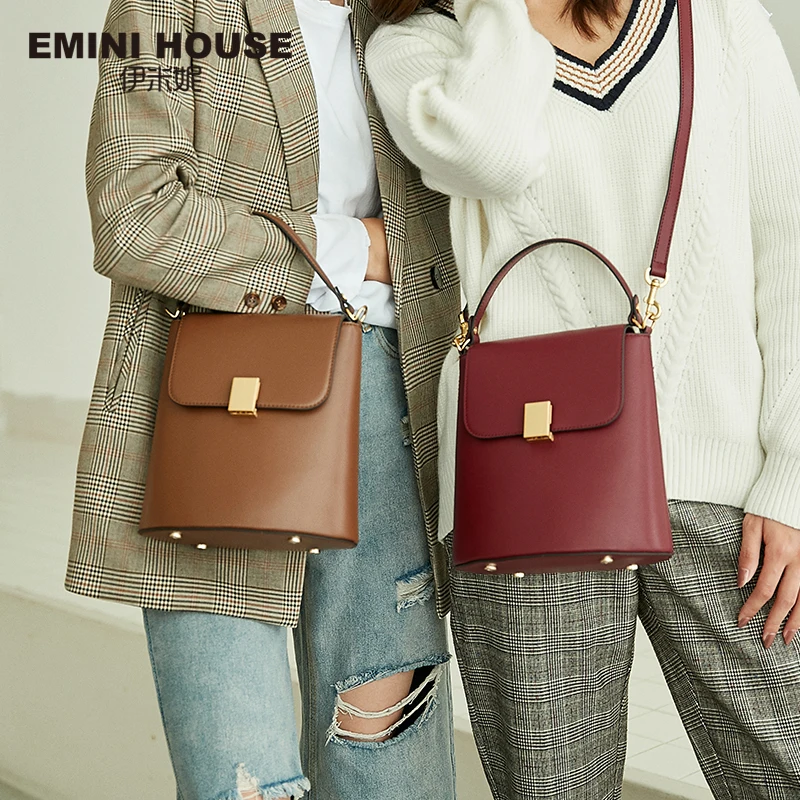 EMINI HOUSE висячий замок, сумка-ведро, женские сумки через плечо, для женщин, спилок, кожа, сплошной цвет, роскошные сумки, женские сумки, дизайнерские