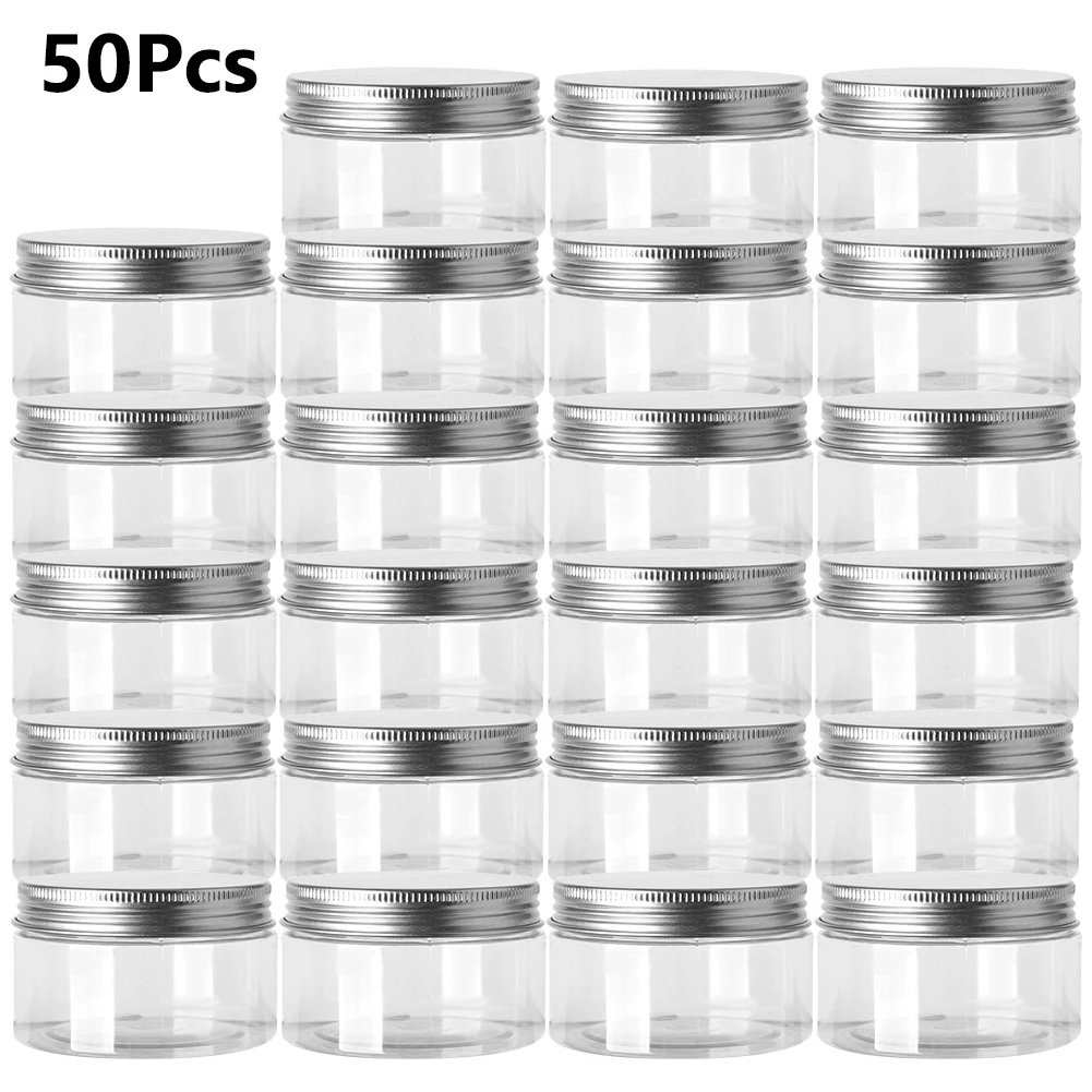 

50pcs Round Wide Plastic Container Clear Balm Aluminum Cap Pot 30ml 50ml 60ml 80ml 100ml 120ml 150ml Storage Jars Travel Bottle
