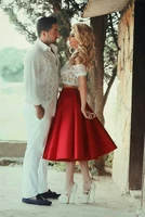 crop top red prom gown tea length short sleeve two pieces white homecoming vestido de noiva 2018 lace bridesmaid dresses