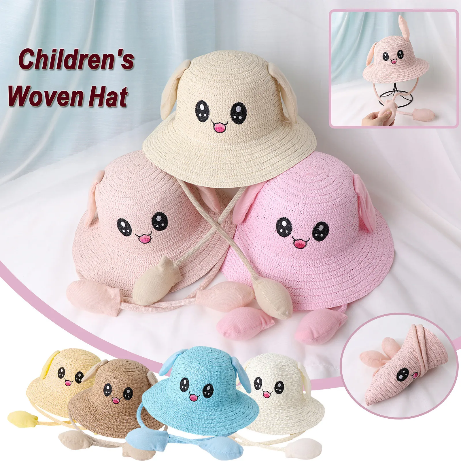 

Summer hat for baby girl cute 2-6Years Kid Baby Girls Boys Bunny Bucket Hat Children Kids Woven Hat Ears Can Move Caps baby girl