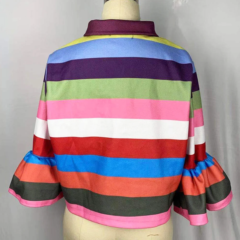 

Fashion Women Autumn Rainbow Stripes Jacket 3/4 Petal Sleeve Single-Breast Coat