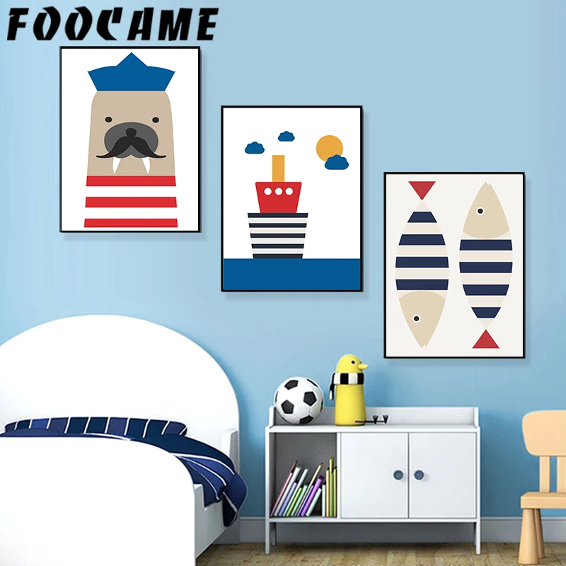 Сейлор тюлени Медведь Рыба Лодка мультфильм постеры и печать искусство