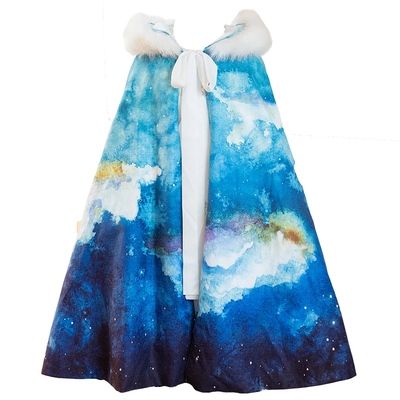 

New Retro Blue Printing Plus Velvet Cloak Han Tang Song Ming Dynasty Traditional Jacket Classical Folk Dance Stage Coat Hanfu