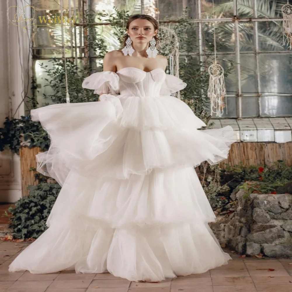 

Lovely Ruffle Layering Wedding Dress A-Line Sweetheart Court Train Removable Short Sleeve Backless Bride Gown Vestido De Noiva