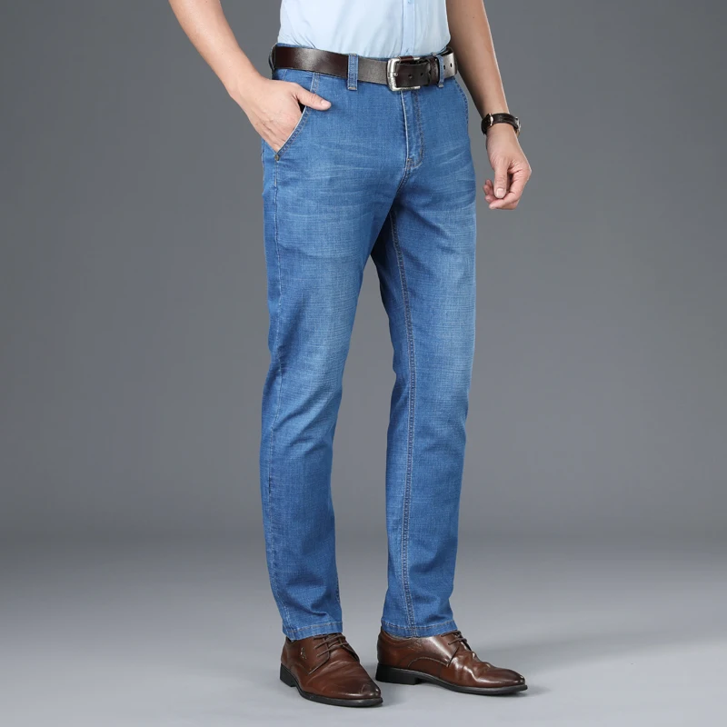 

2021 autumn and winter brand clothing comfortable cotton stretch men's business casual straight loose light blue denim jeans