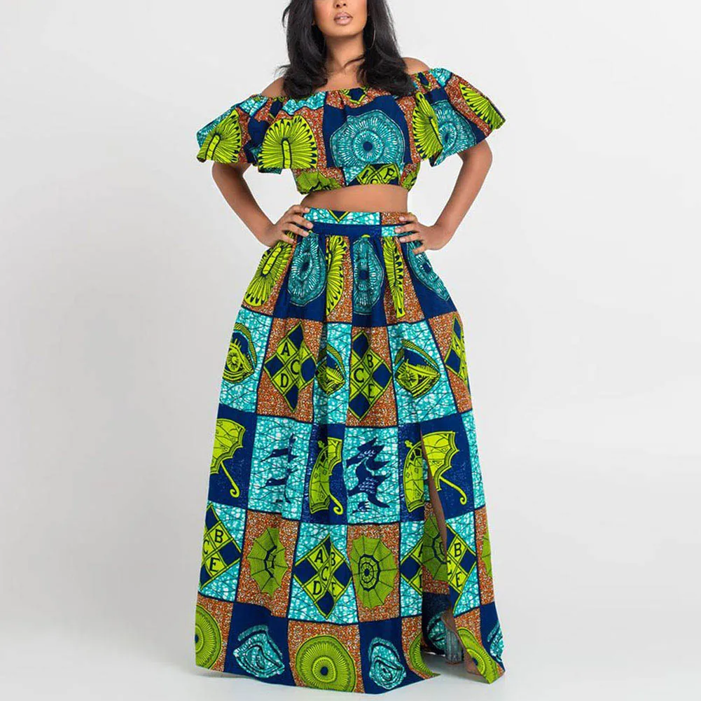 SUNGIFT Dashiki/Вечерние платья с открытыми плечами, разноцветное платье с принтом, африканская одежда для женщин, 2 предмета, 1 комплект, вечернее платье