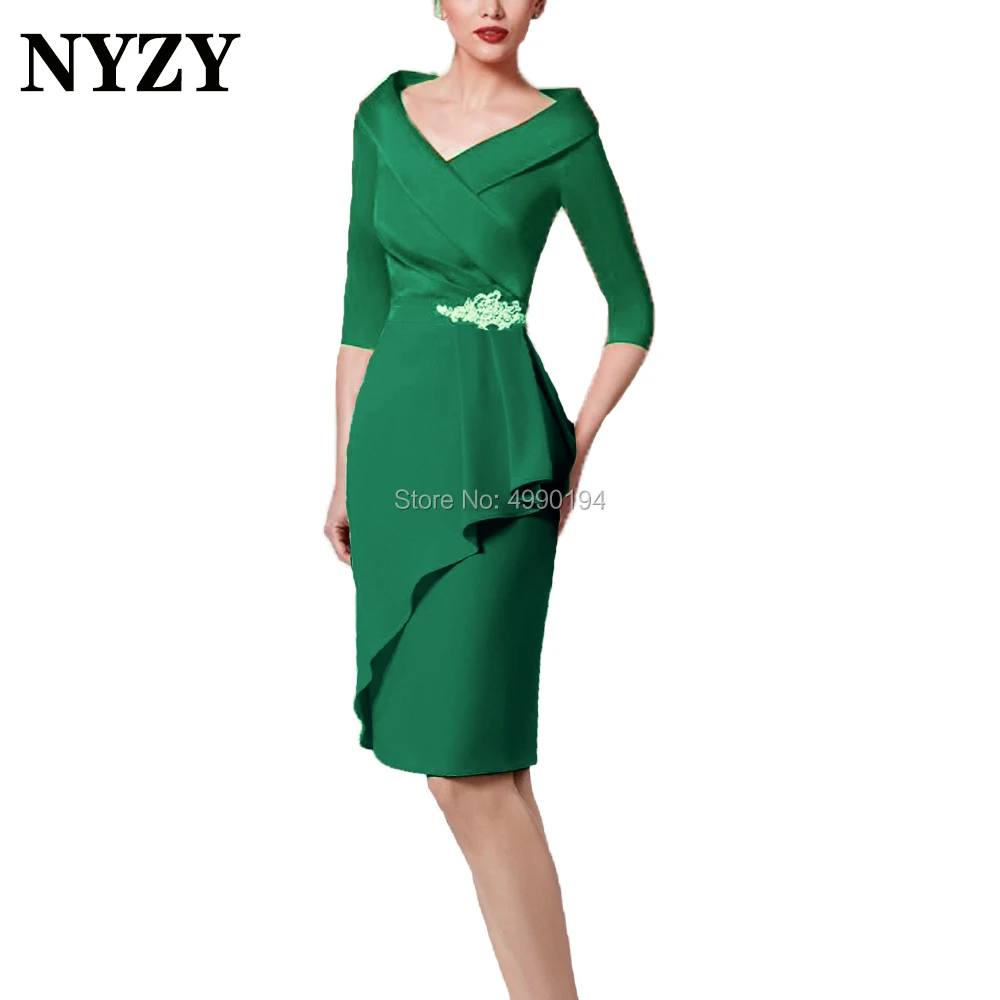 Green Mother of the Bride Groom Dresses with Sleeves NYZY M255G Robe Cocktail Satin Formal Dress Wedding Party Dress