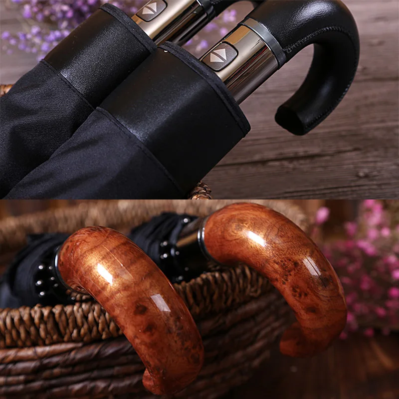 Автоматический зонт с деревянной и кожаной ручкой для мужчин женщин складной