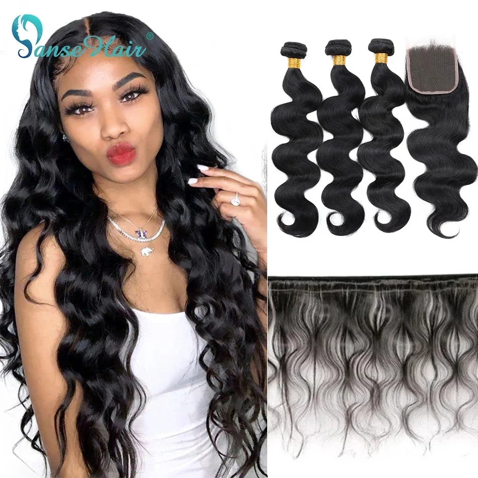 Бразильские волосы Panse волнистые человеческие 3 пряди с кружевной застежкой 4x4 не