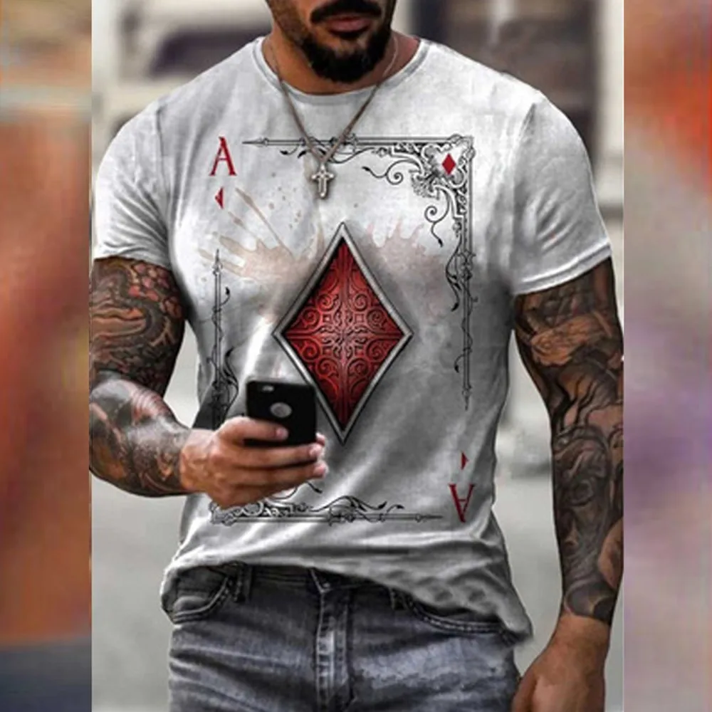 

Skull Style Playing Card Diamond Printing Retro Men's T-shirt Casual Streetwear Short-sleeved T Shirt For Men Pullover Slim Tops