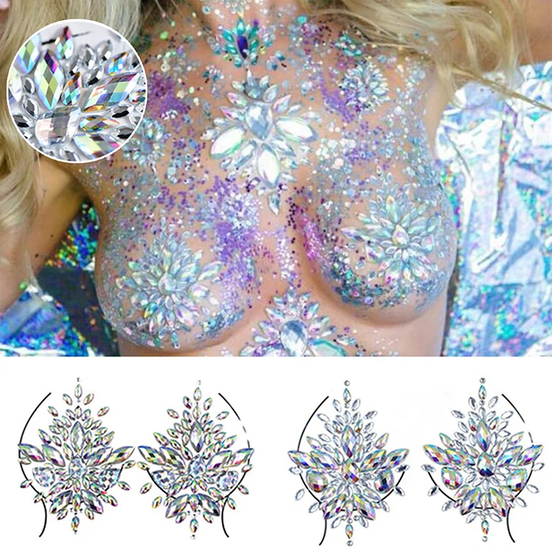 

Acrylic Colorful Crystal Breast Chest Paste Sexy Breast Self Adhesive Stickers Breathable Nipple Bra Breast Stickers