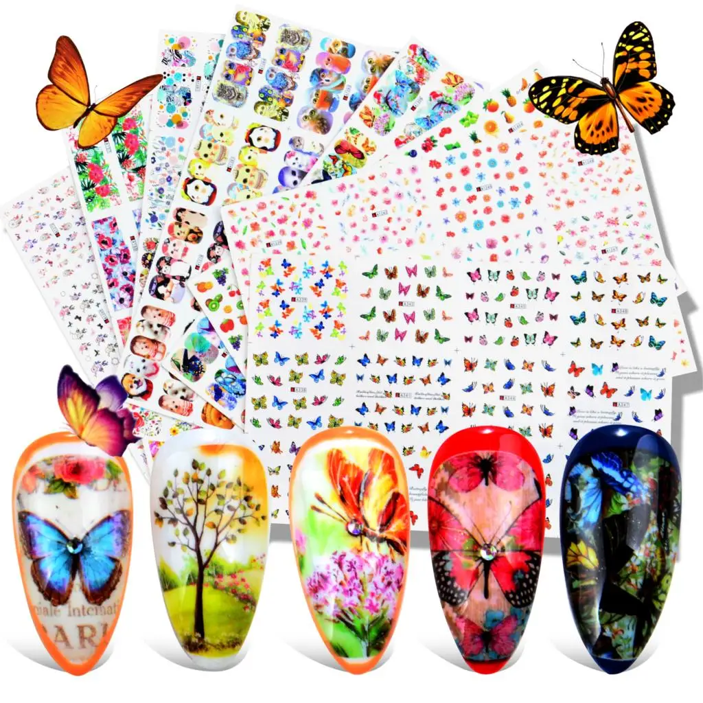 

12 Different Flower Fruit Nail Sticker Decal Floral Butterfly Hollow Printing Water Slider Set Manicure Wraps