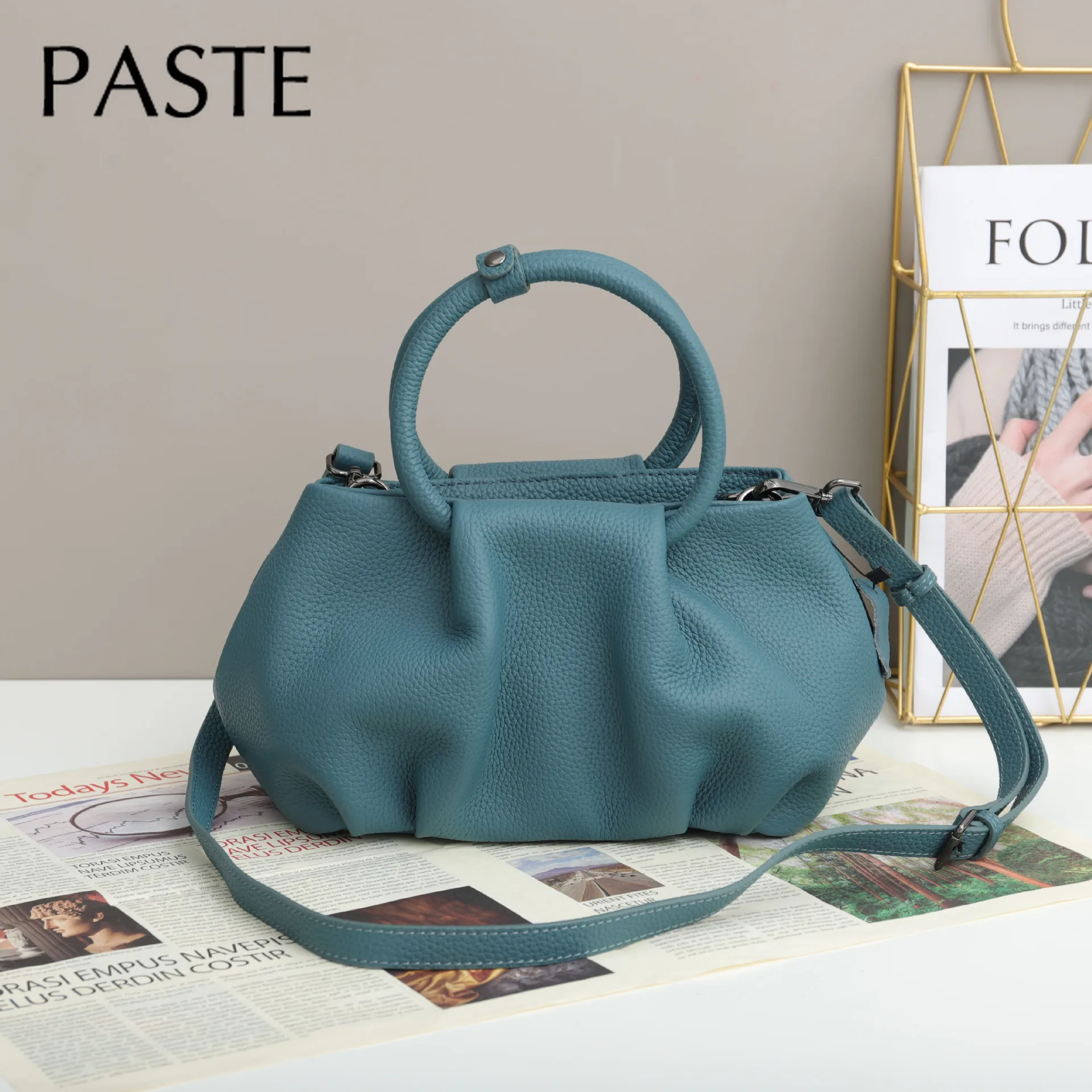 

2021 New Design Blue Circle Top-handle Handbag 100% Genuine Leather Women Shoulder Bag 29cm High Quality Classic Tote Pink #6699