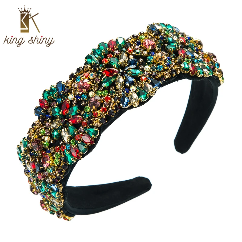 

King Shiny Luxury Baroque Full Multi Color Crystal Headband Gorgeous Sparkly Rhinestone Beaded Hairband Girls Party Tiara Bezel