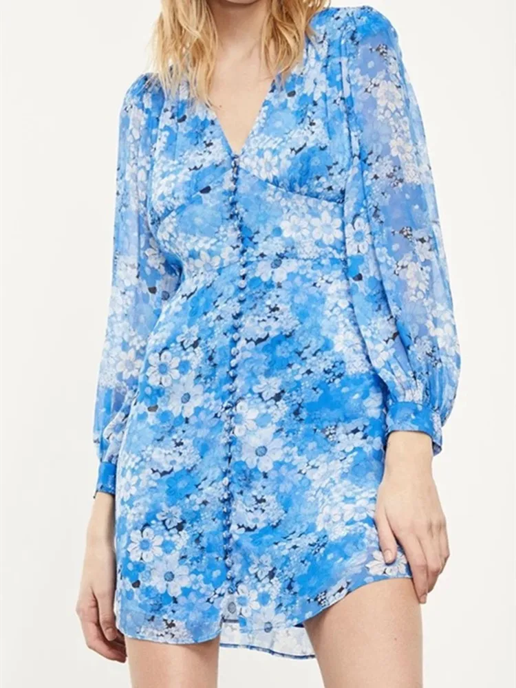 

2020 New Women Flowers Print Midi Dress V-neck lady Lantern Sleeve Dating Fairy Floral Female Long dresses With Buttons