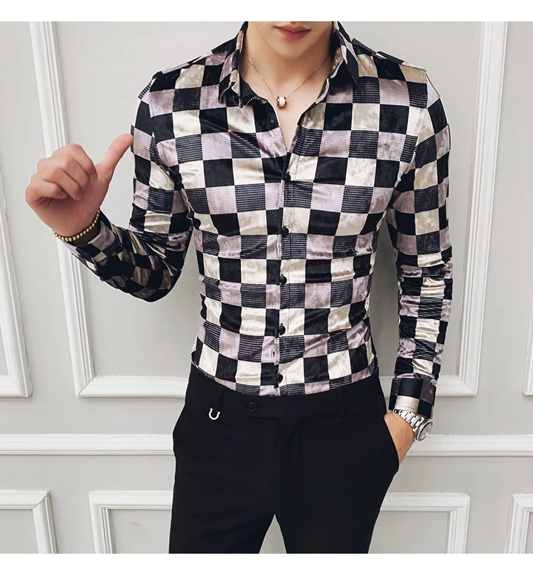 High grade plaid dress shirts men flannel long sleeve black casual shirt slim fit winter thick warm fashion social 4xl