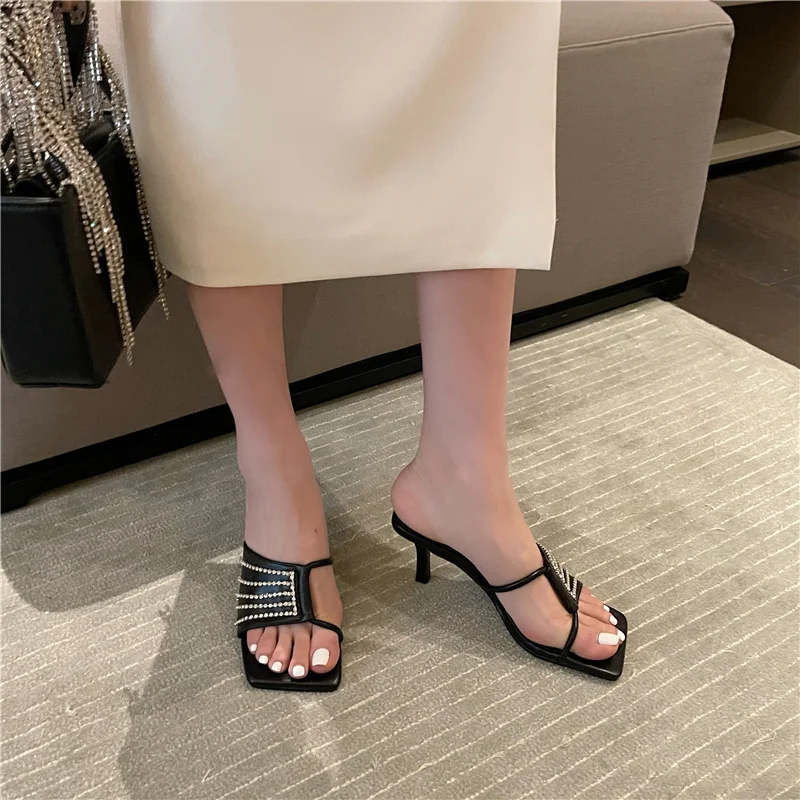 

Zebra Strap Designer Women Mules High Heel Slippers Rhinestone Sandals Square Toe Slip-on Mule Crystal Slides