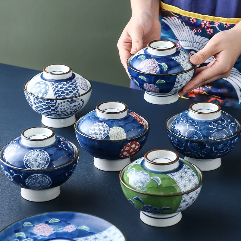 

Korean Kimchi bowl with Cover Classical blue white ceramic stew soup bowl egg Stew tea steamed bowl japanese rice ramen bowl