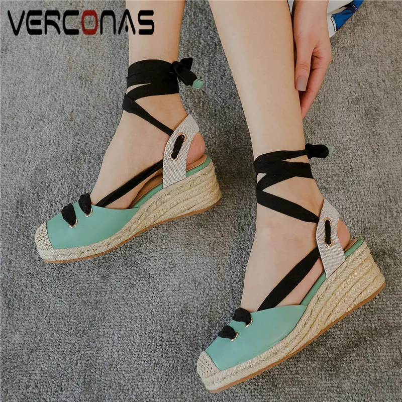 

VERCONAS Women High Quality Thick Bottom Genuine Leather Lace Up Thick Heels Basic Shoes Sandals Summer Elegant Shoes Woman