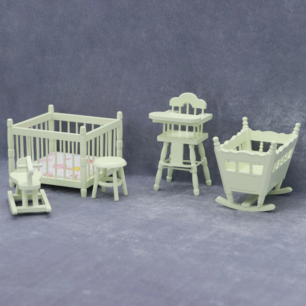 

5pcs/Set 1/12 Handmade Bassinet Cot Beds Dining Chair Stool Set Baby Doll Living Room Bedroom Scenery Decoration