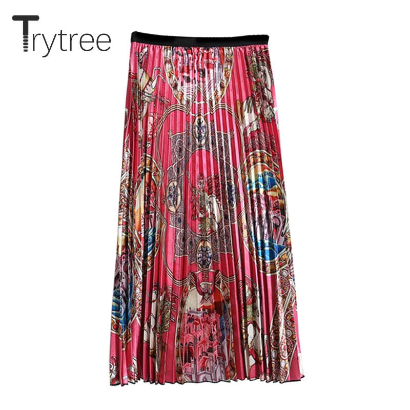 Trytree 2019 осенне зимняя женская повседневная юбка с принтом красная плиссированная