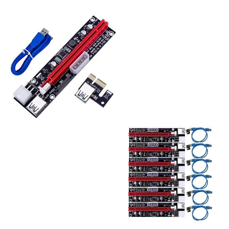 

Плата расширения VER103D PCI-E 3 в 1 со светодиодной подсветкой, 4-контактный светодиодный pin Sata 15Pin PCIE 1X до 16X 60 см Удлинительный кабель для майнинга ...