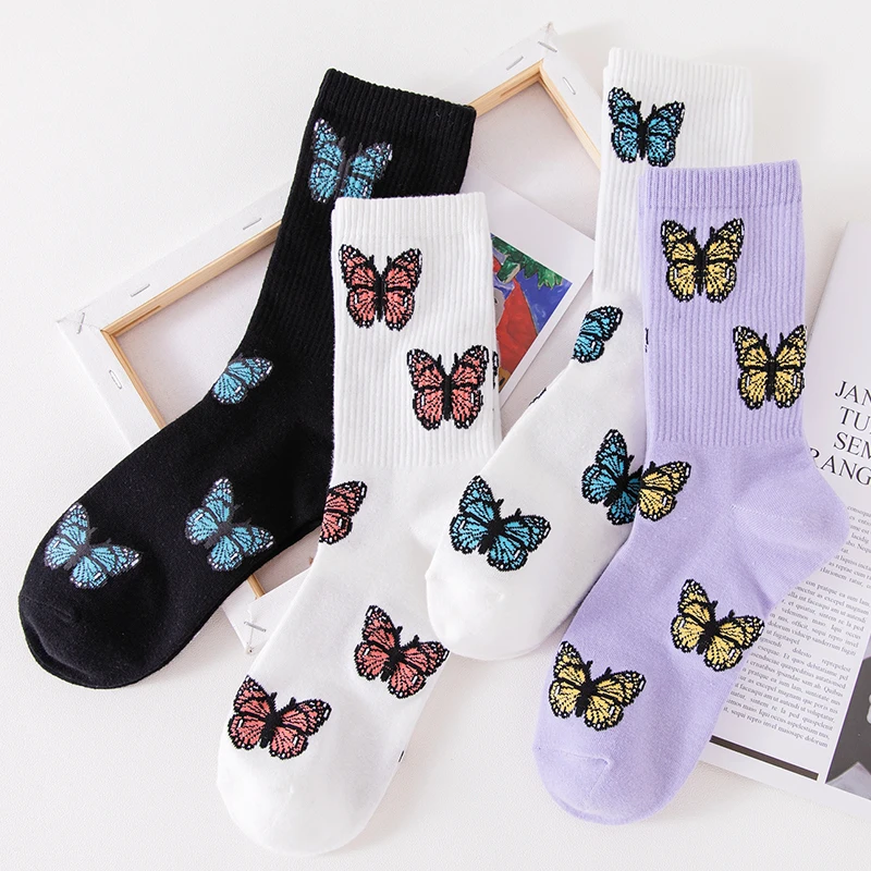 

New Butterfly Socks Women Streetwear Harajuku Crew Kawaii Stripe Fashion Ankle Funny Cotton Embroidered Expression