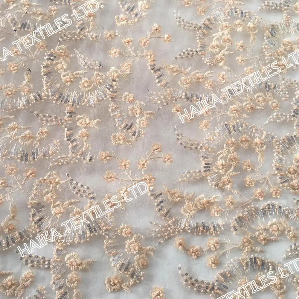 

Polyester Tulle Base Round Beads 3mm Sequins Fabric For Gowns Woman Wedding Evening Dress