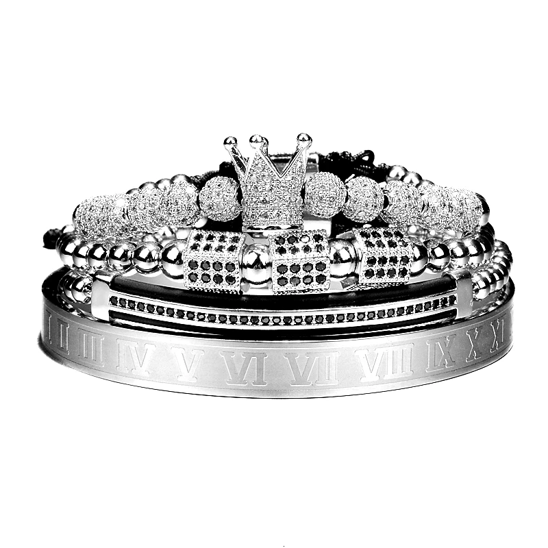 Silver Set B Роскошный Римский Королевский браслет с шармом с короной Мужская мода Золотой Плетеный Регулируемый мужской браслет для хип-хопа ювелирный подарок - Окраска металла: Silver Set B