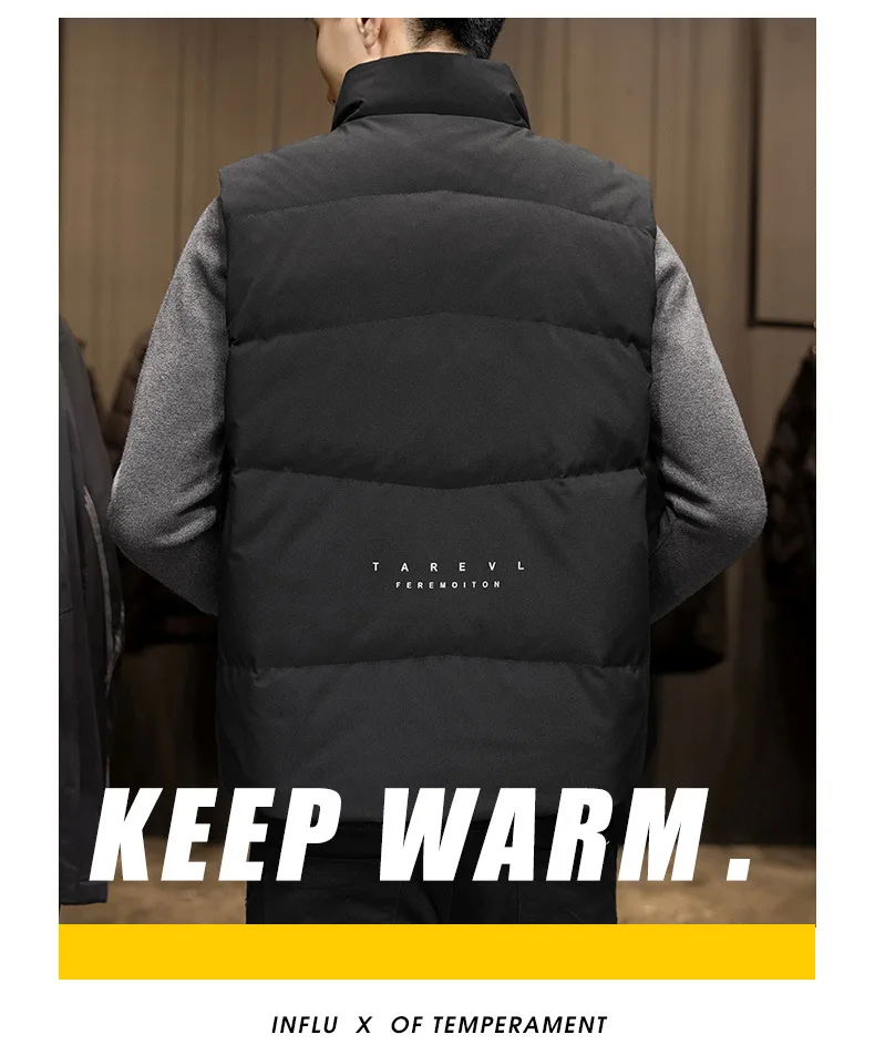 

Casual Men's Down Coat Solid Sleeveless Stand Collar Zipper Joker Thicken Soft Warm Jacket Hot Sale Large Size Male Clothes