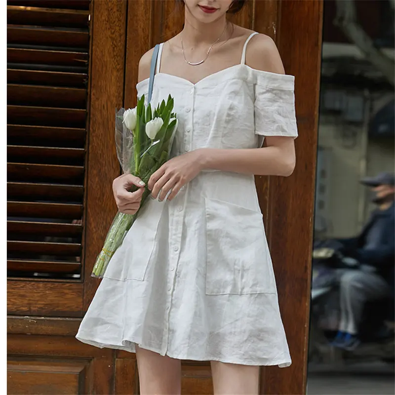 Льняные платья HziriP во французском стиле с воротником-лодочкой и открытыми