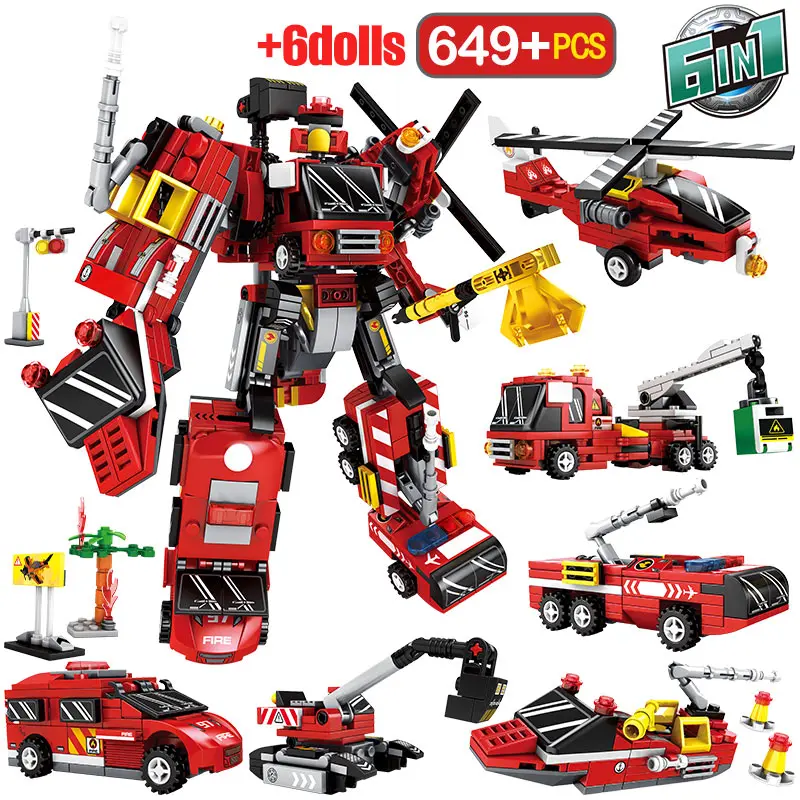 6in1 трансформации Робот строительные блоки городской полиции военного танка