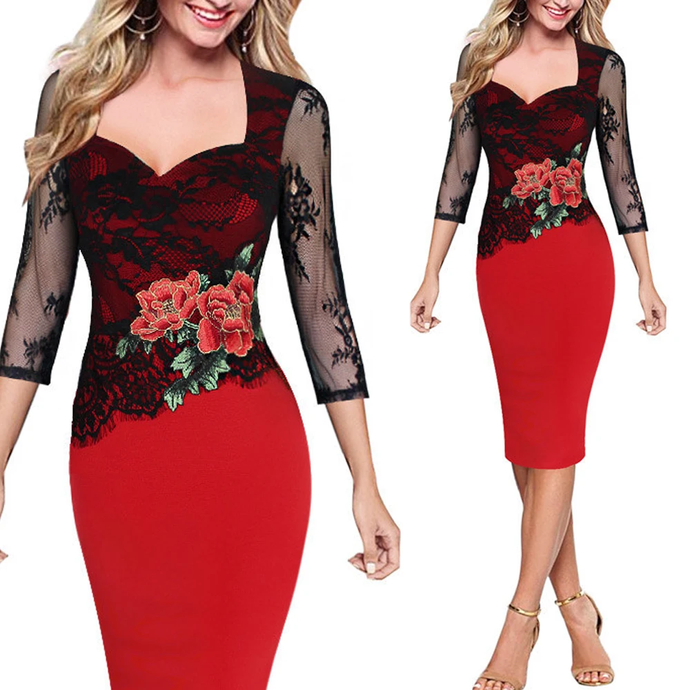 

OTEN Womens Floral Embroidery Sexy Lace Patchwork Bodycon Dress Occasional Bridesmaid Autumn Femme вечернее платье Vestido Rojo