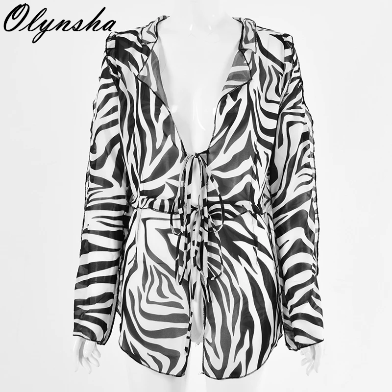 

Sexy See Through Chiffon Shirts Stripe Print Women Long Sleeve Beach Shirts 2020 Fashion Lace Up Ruffles Tops Cardigans
