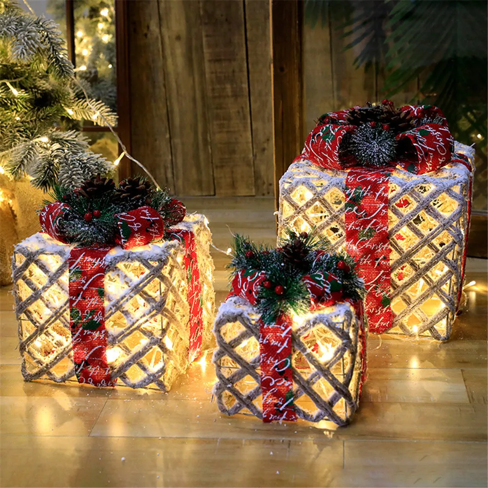 Caja de regalo navideño de tres piezas  Adornos de árbol de Navidad luminosa  arte del hogar