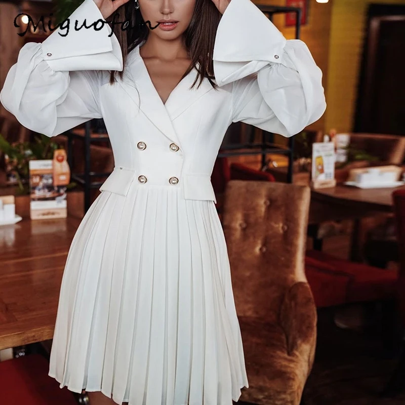 Miguofan women blazer dresses pleated button white dress office lady vintage flare long sleeve vestidos female robe | Женская одежда